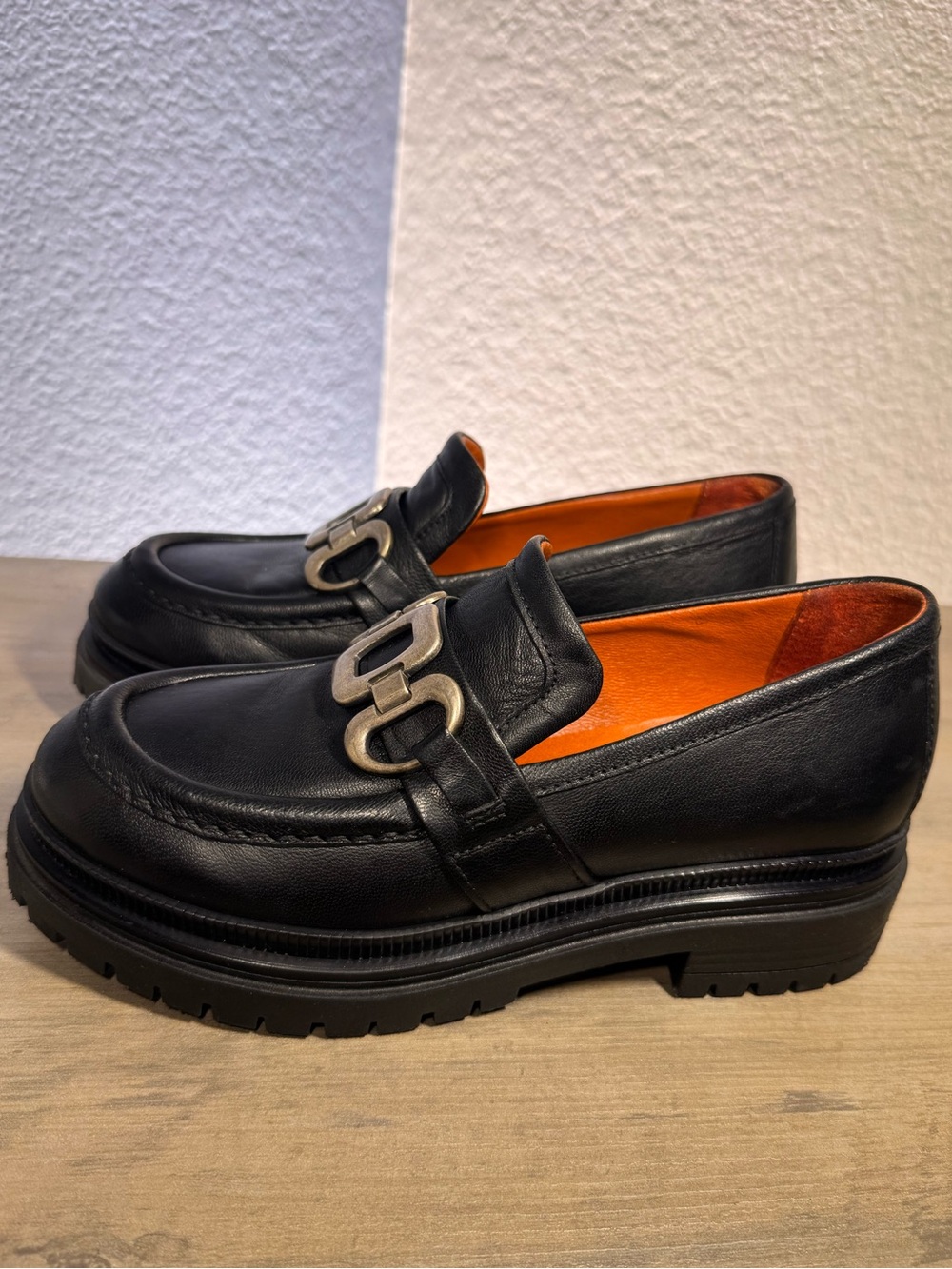 Mjus Italian Leather Chain Lug Sole Loafers Black EU 38 Chunky Platform - Picture 7 of 8